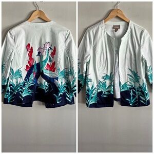 Chicos Tropical Peacock Print Open Jacket Cotton Blend Cropped jacket (M) 1